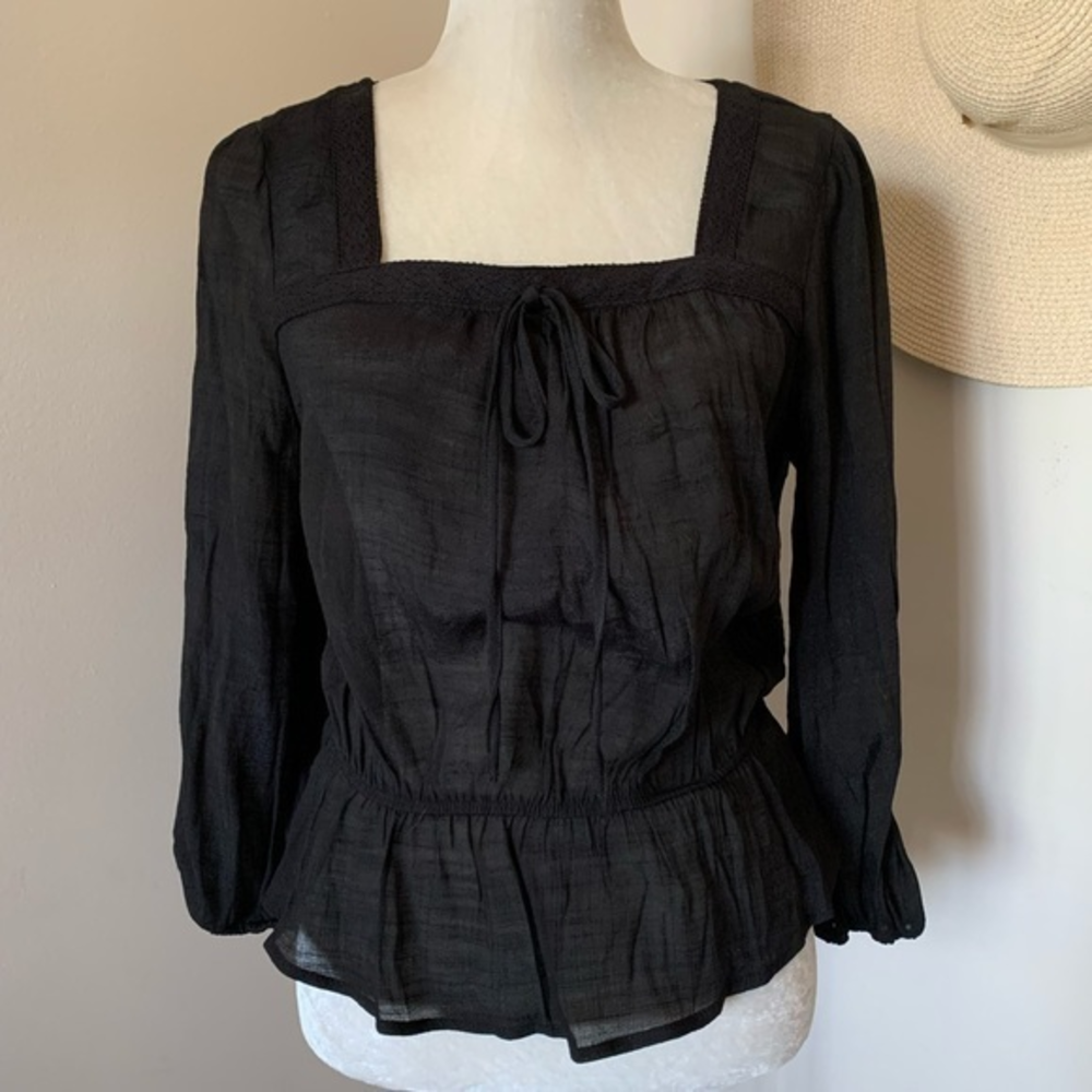 June & Hudson Nordstrom Black Sheer Peasant Boho Long Sleeve Top Size M…